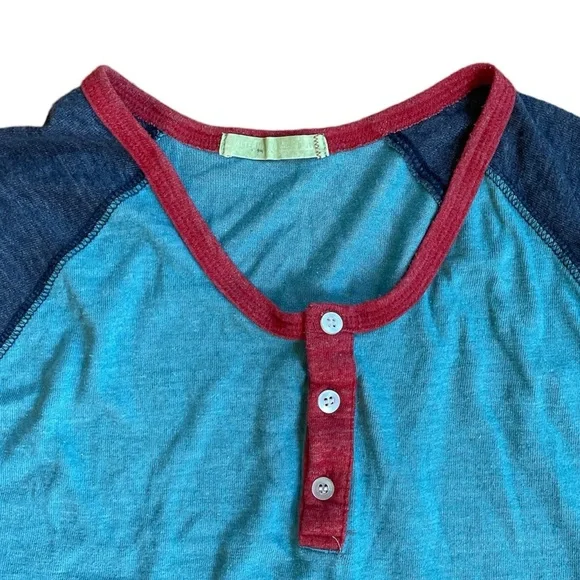 Alternative 3/4 Sleeve Two Tone Henley Tee Blue Burnout Cotton Soft Trendy GUC - Picture 3 of 6